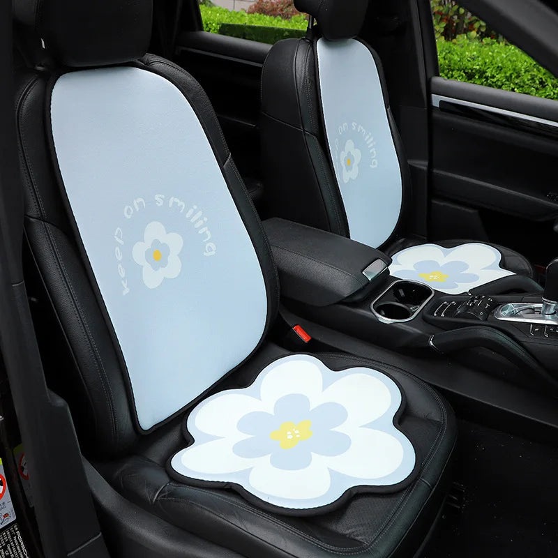 Fashion Blue Flower Car Seat Cover Summer Breathable Cool Seat Mat Cushion Pillow Car Interior Women Four Seasons Universal Pad