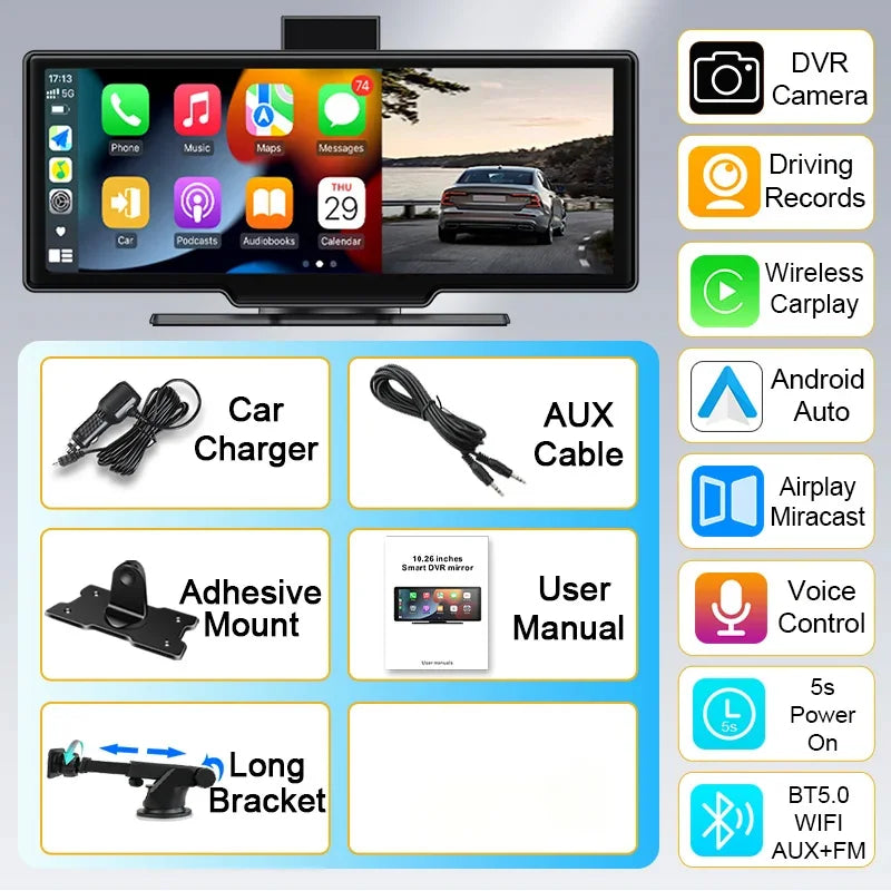 10.26" Wireless Carplay & Android Auto 4K Dash DVR Cam Smart Screen Dashboard Video Recorder Rearview Camera BT Mirror Monitor