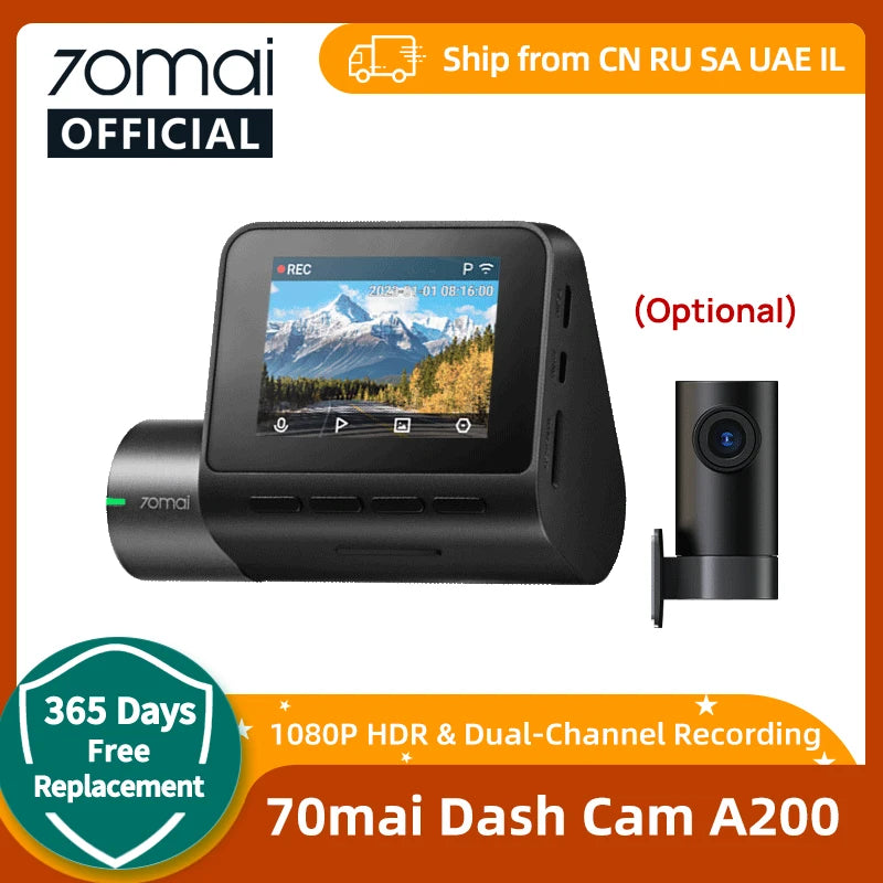 Global 70mai Dash Cam A200 Dual-channel Record 1080P HDR 2'' IPS Screen 24H Parking Monitor Car DVR 70mai A200 WIFI APP 130° FOV