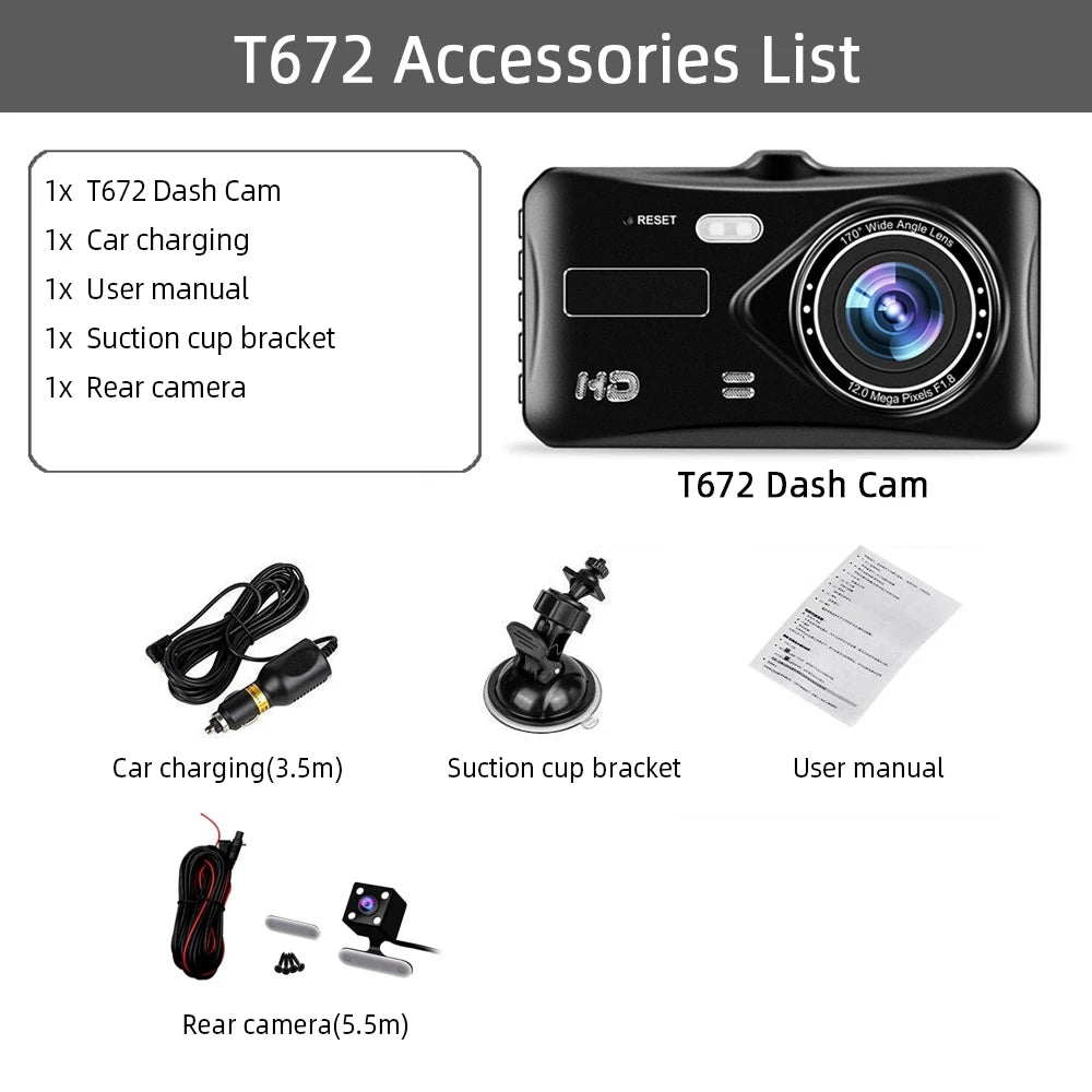 Dash Cam Front and Rear Camera CAR DVR Car Video Recorder Vehicle Black Box FULL HD 1080P Night Vision Driver Recorder