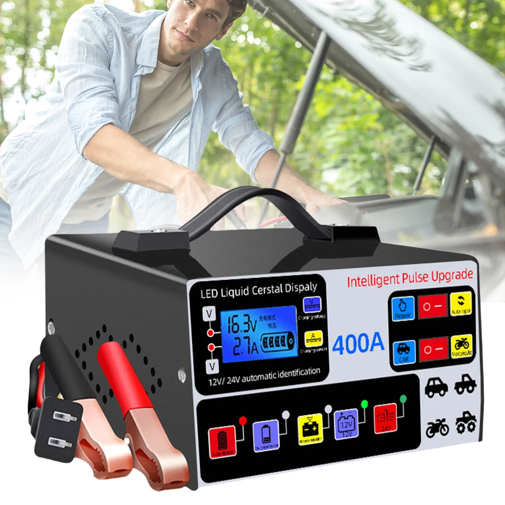 400A Car Battery Charger 220W Heavy Duty Smart Battery Charger 12V/24V Battery High Power Fast Charger Self-Stop Battery Charger
