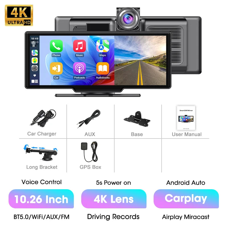 10.26'' 4K Dash Cam Car DVR Android Auto Carplay Display Screen Smart Car System Video Recorder Monitor With Rear Camera 5G WIFI