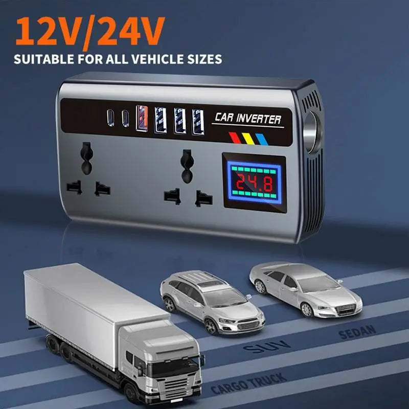 Car Inverter Outlet Car Converter 12V/24V to 220V Fast Charging Ports Portable Automotive Charger Inverter 3 USB Ports