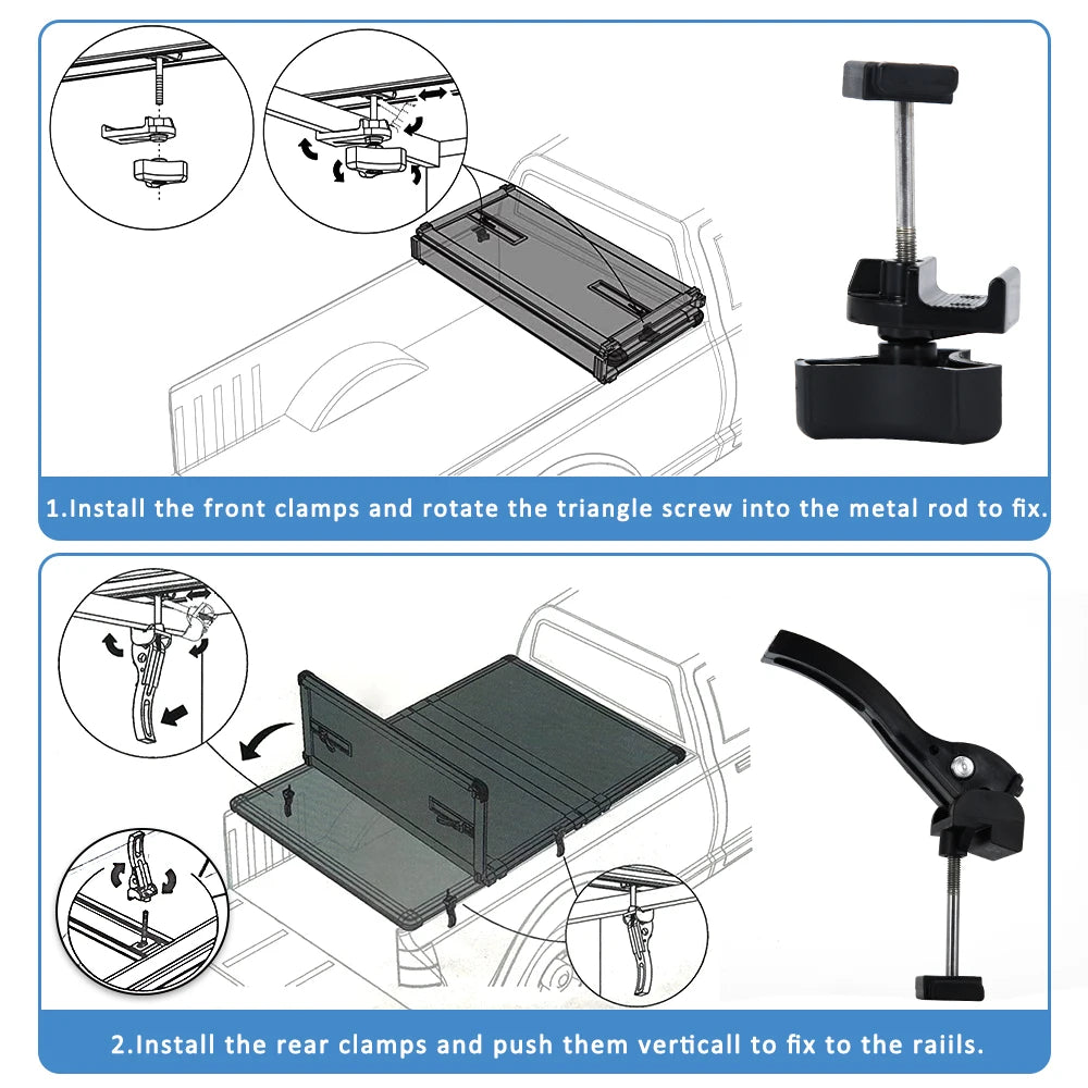 Accesorios universales, piezas de repuesto para caja de camioneta rígida plegable triple, abrazadera delantera y trasera, pernos en T negros.