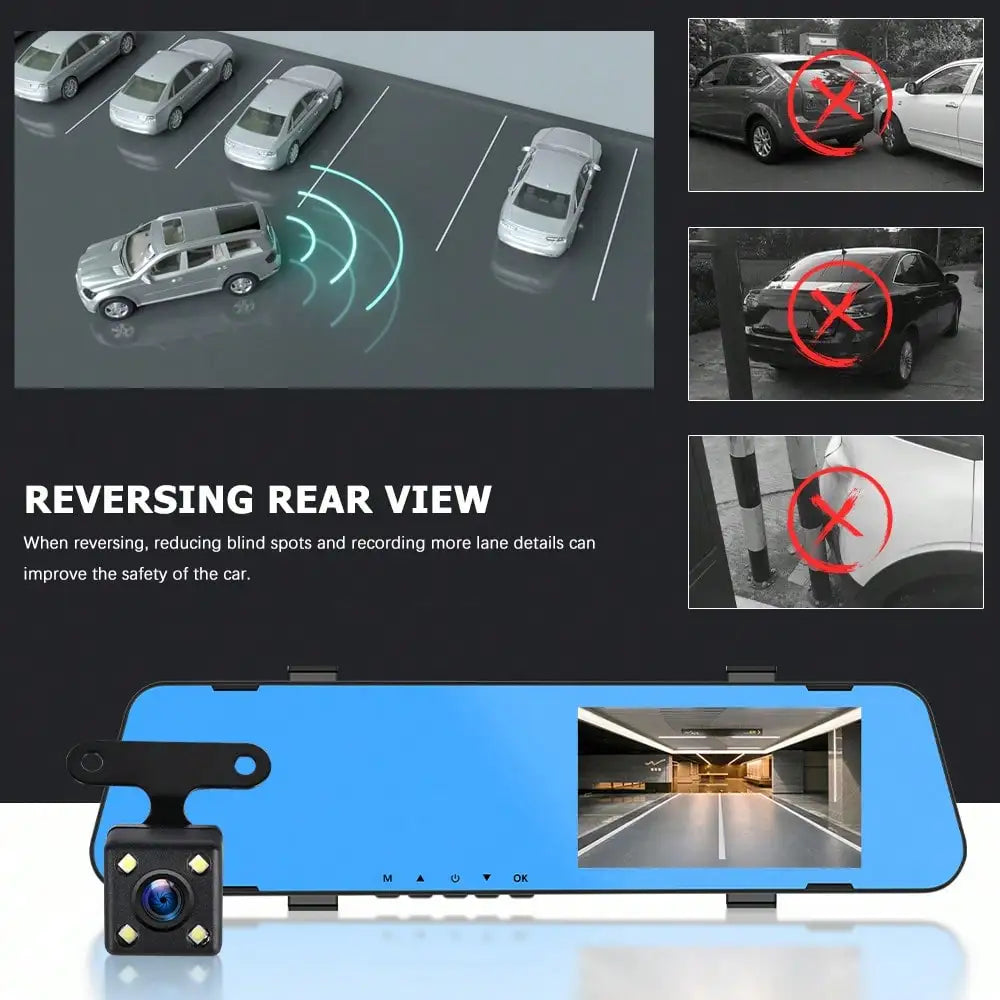 4.5-inch  Mirror Dash Cam, Front and Rear View Mirror Dual Camera, Loop Recording, Wide Angle, G-Sensor, Parking Assistance