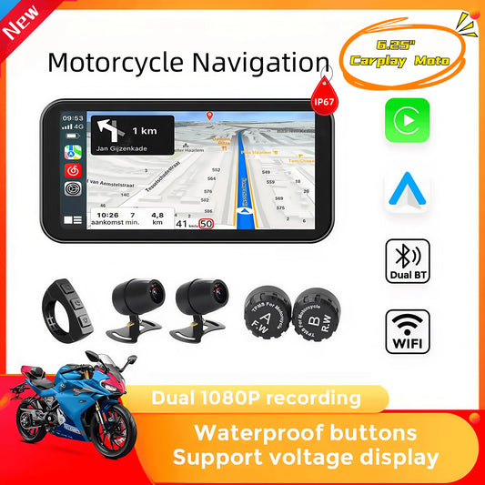 New 6.25‘’ Portable Carplay Motorcycle GPS Waterproof screen Wireless Carplay moto&Android Auto Monitor Dual DVR Camera BT TPMS