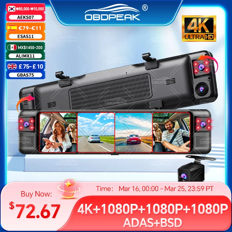D80 Rearview Mirror 4K Dash Cam ADAS 4CH 360° Record Car DVR Interior Camera WIFI APP 1080P BSD Auto Video Recorder 24H Parking