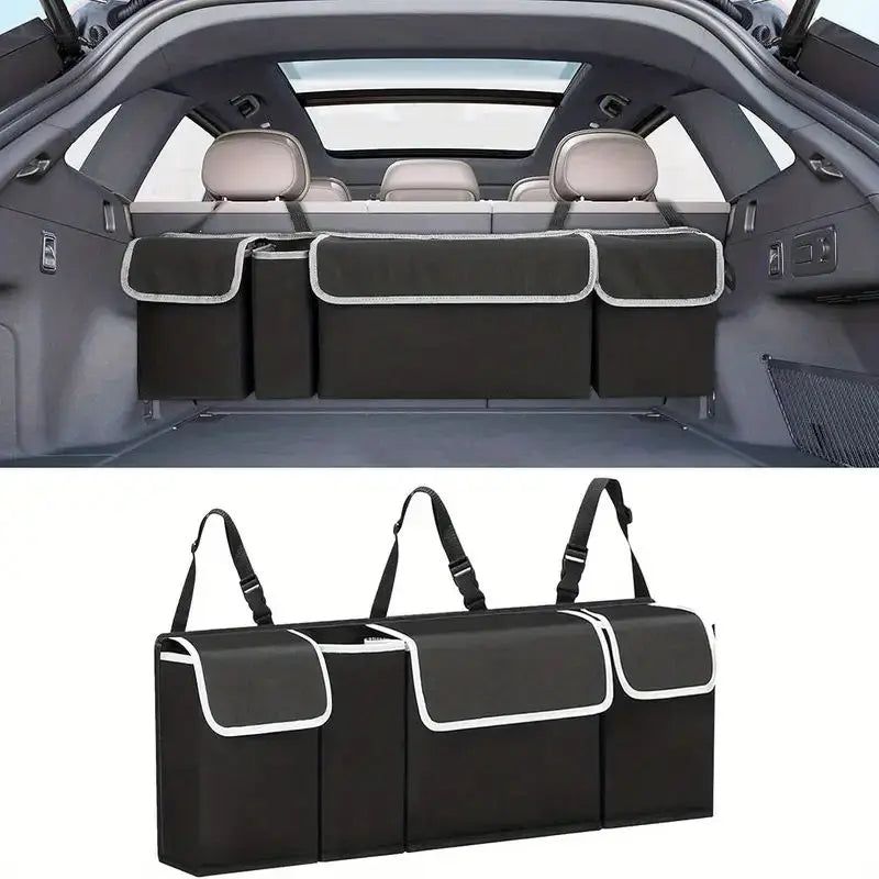 Car Trunk Organizer, Backseat Hanging Large Storage with Adjustable Straps, Waterproof Collapsible Cargo Bag with 4 Pockets