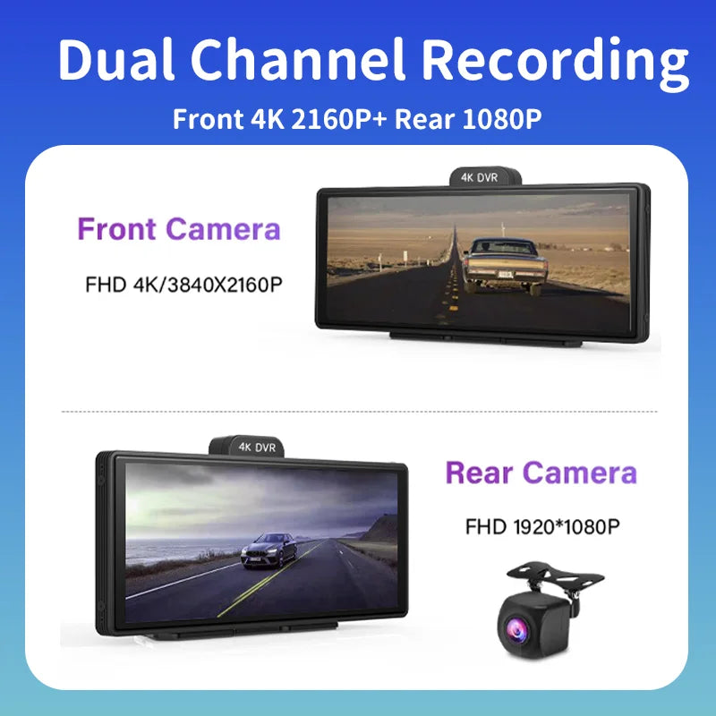 10.26 inch Dash Cam 4K Car DVR Wireless Carplay & Android Auto GPS Navigation Video Recorder Dashboard Dual Lens Wifi FM AUX