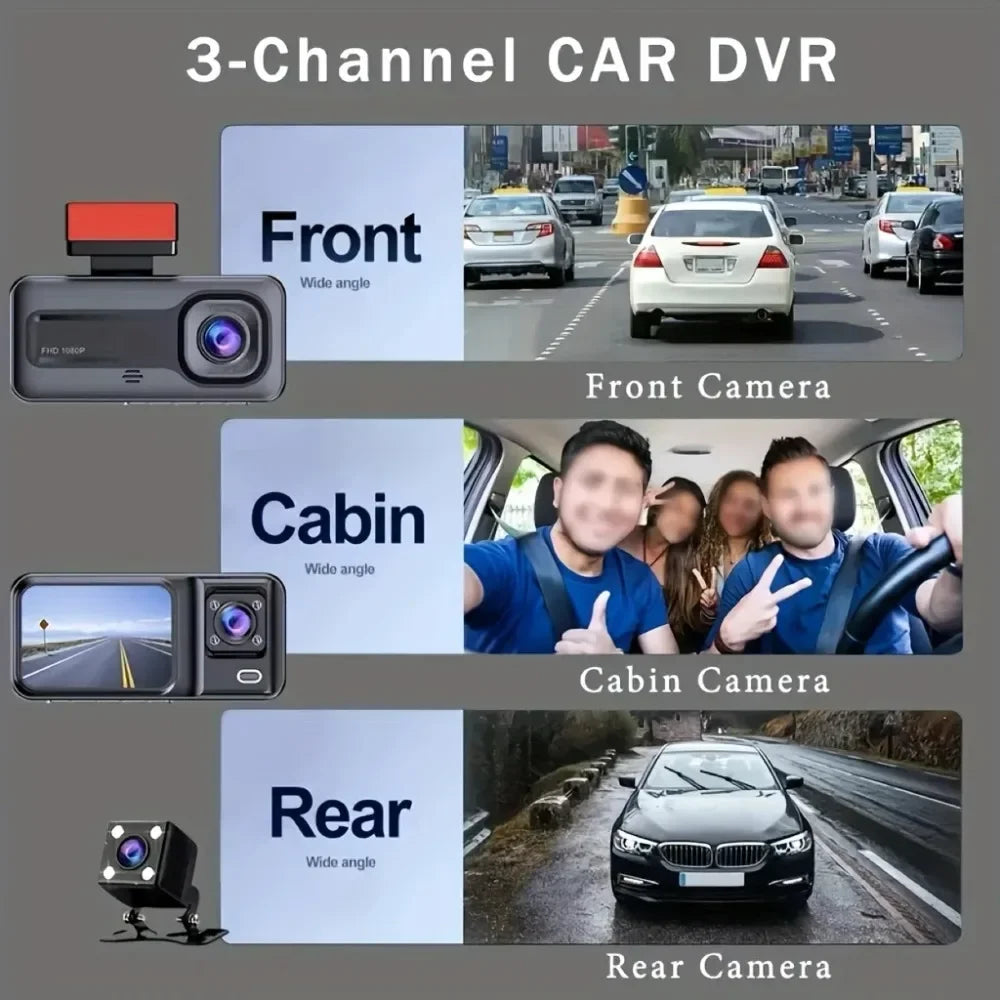 3 Lens Camara Para auto, Car dashcam 1080P Front | 480P Interior & Rear Cams Dashcam, Car Accessories | Car DVR | Video Recorder