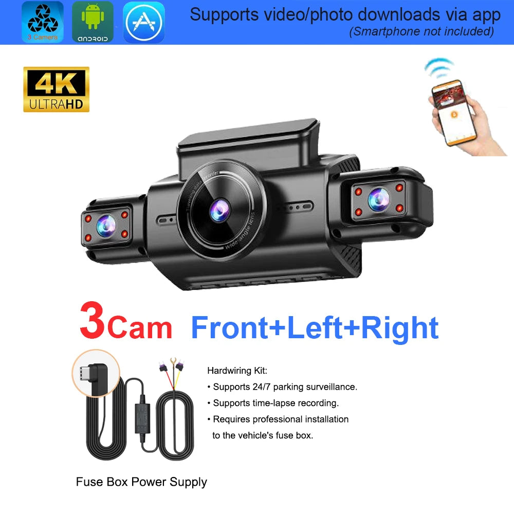 4 Channel Hidden Dash Cam with APP 4K HD Night Vision 24/7 Parking Monitor G-Sensor Loop Recording Motion Detection WDR Blackbox