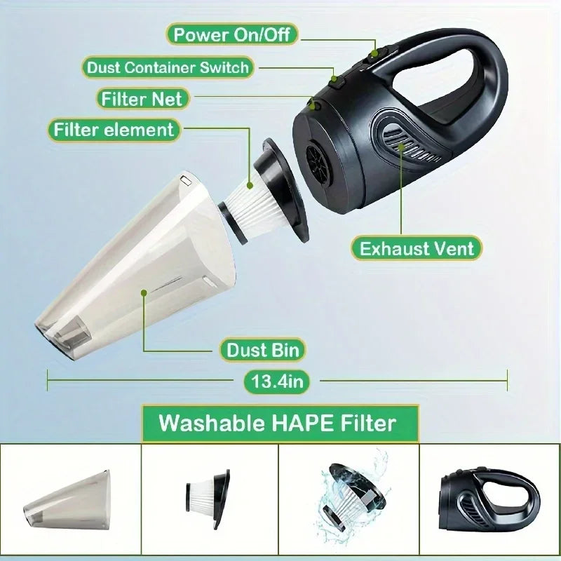 12V Rechargeable Car Vacuum - Portable Handheld Cleaner with Washable Filter