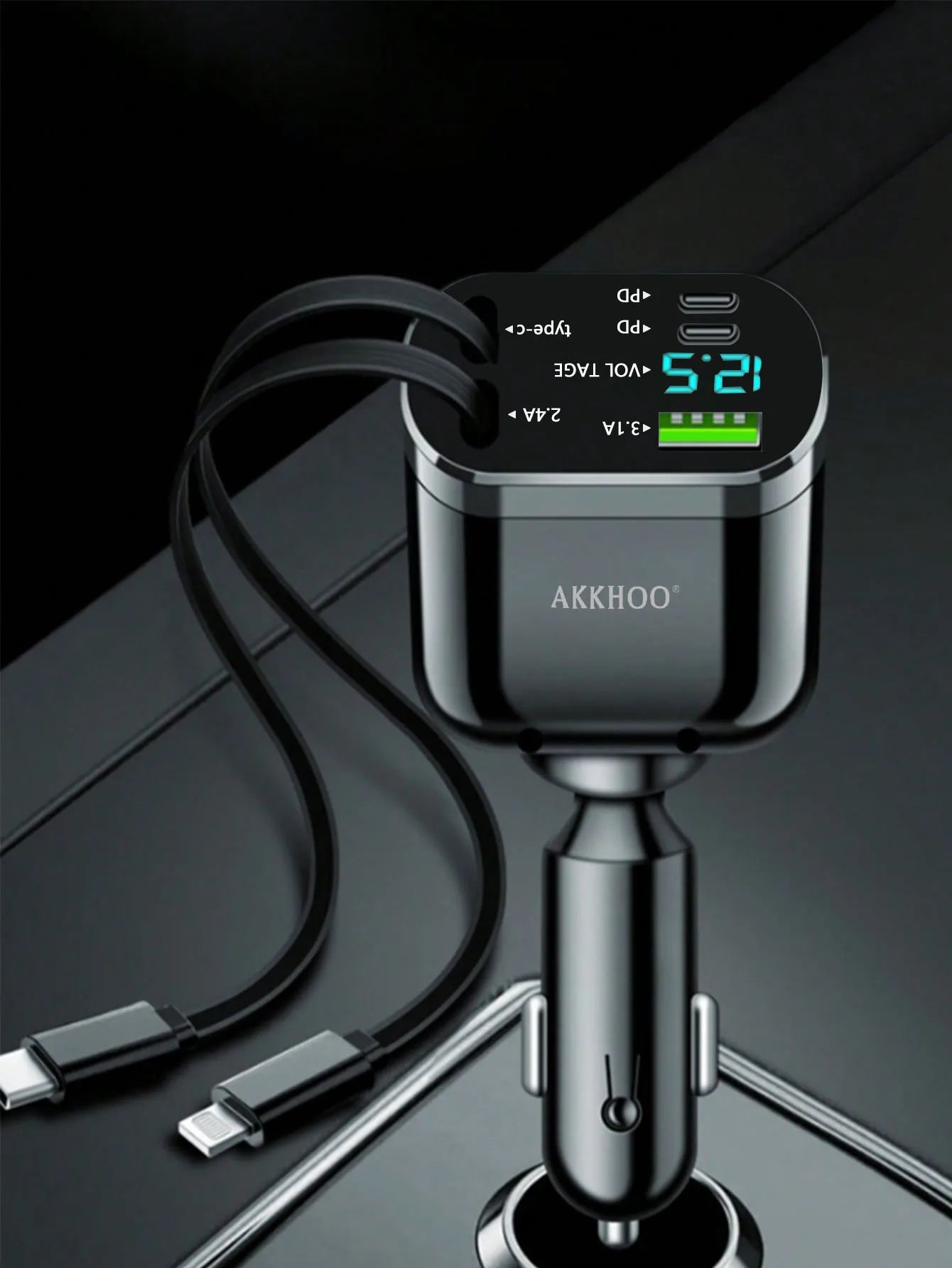 One-to-five car charger with retractable cable, built-in retractable cable PD car fast charging super fast charging flash chargi