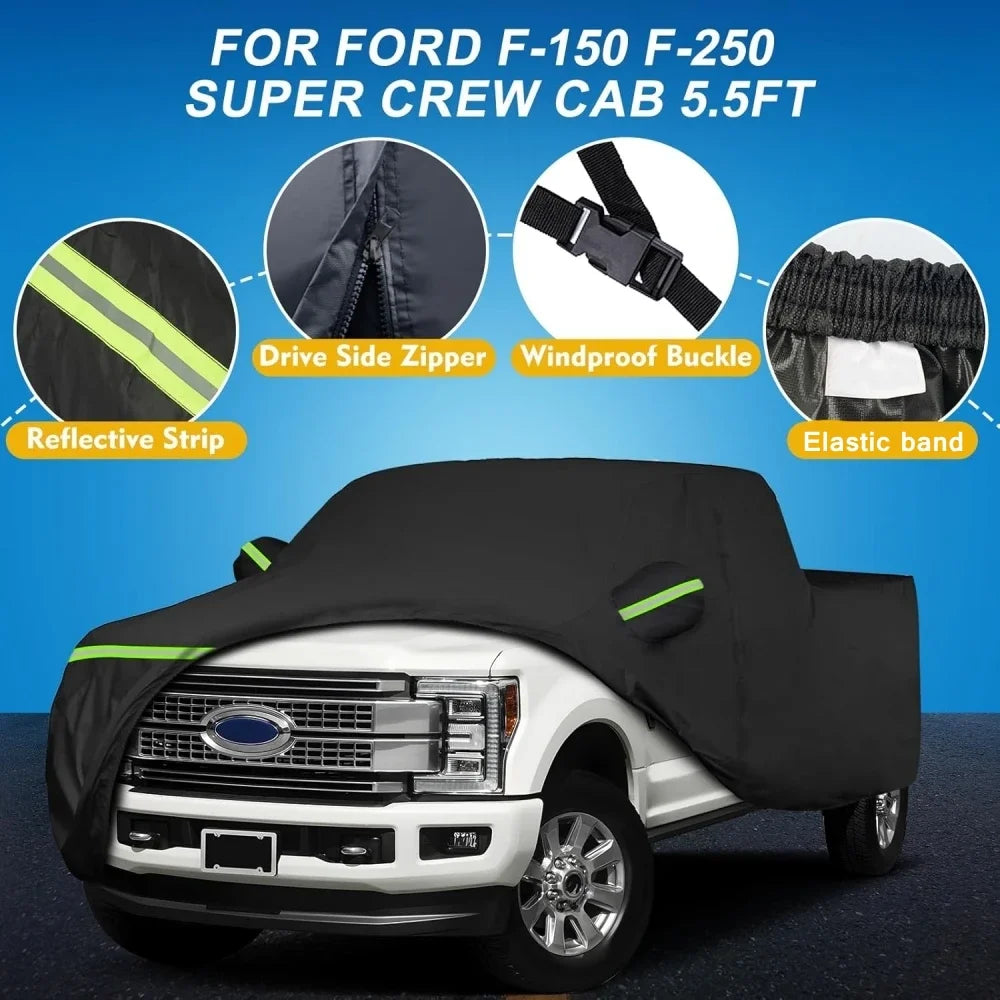 Outdoor Waterproof Car Covers for Ford F-150/F-250 Super Crew Cab 5.5ft Short Bed With Zipper Wind Sun UV and Dust Protection