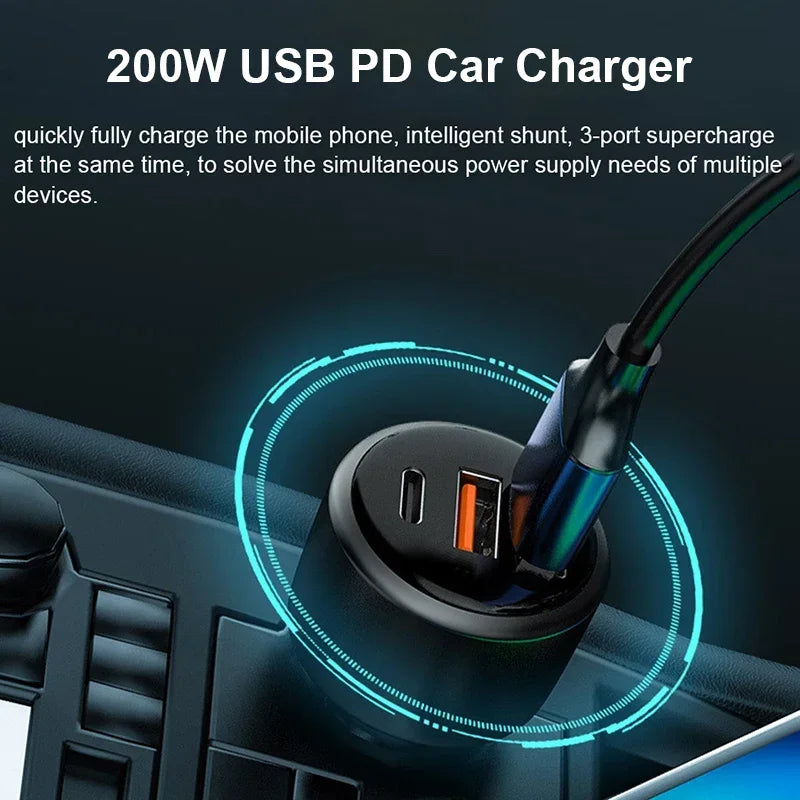 200W USB PD Car Charger 3port Super Fast Charger2.0 100W 65W SuperCharge QC3.0 for Honor Xiaomi Vivo Huawei iPhone 14 13Pro