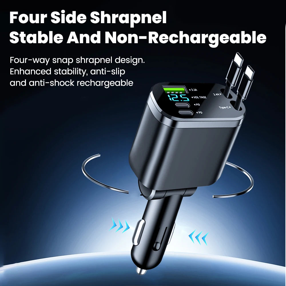 150w Car Charger USB+ Dual Type-C+Dual Type-C Stretching Cable PD Fast Charging Car Phone Digital Display Adapter For Cellphones