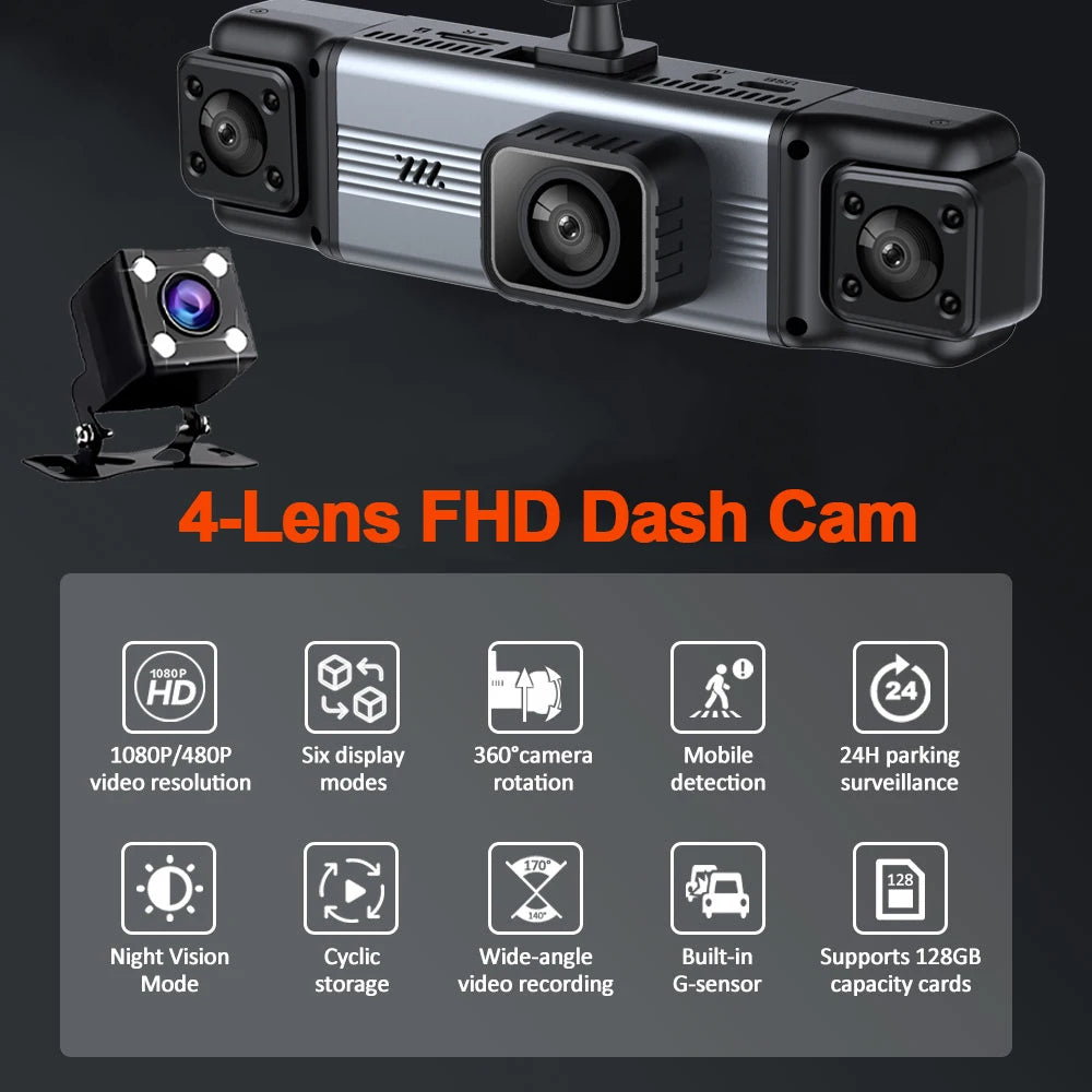 dashcam 4 channels wifi car dvr dashboard cameras for car way back box parking mode 24h front and rear interior 360 dash cam