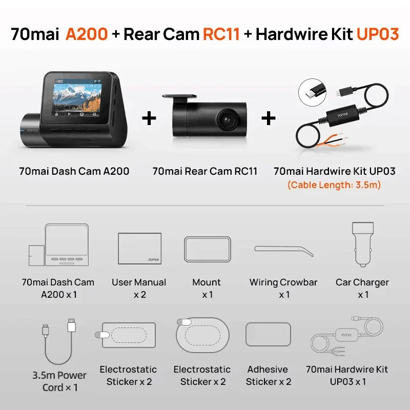 Global 70mai Dash Cam A200 Dual-channel Record 1080P HDR 2'' IPS Screen 24H Parking Monitor Car DVR 70mai A200 WIFI APP 130° FOV