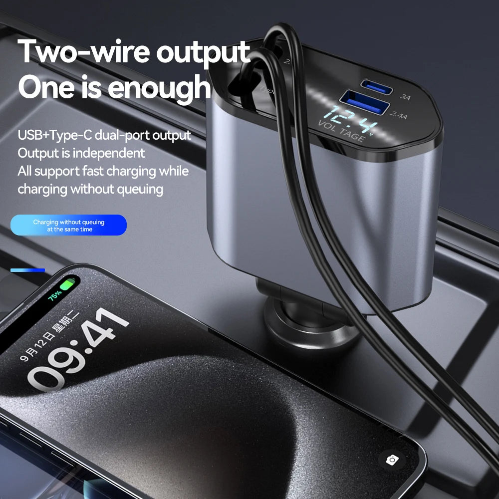 Retractable Car Charger 4 in 1 Fast Charging Car Charger 120W Dual Type-C Retractable Cable and 2 USB Ports Car Charger Adapter