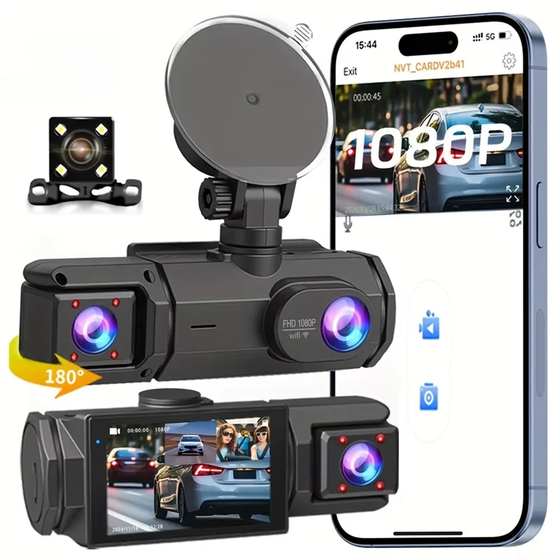 SUNRI-Car Dash Cam DVR Camera 1080P Wifi 3-Lens Inside Vehicle Three Way Video Recorder Registrator Camcorder