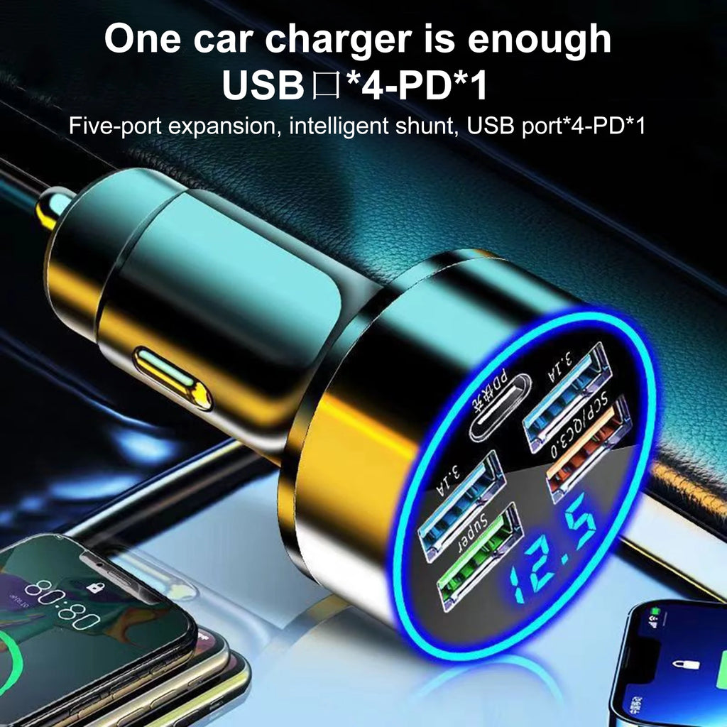 250W LED Car Charger Adapter 4 Ports USB Super Fast Charging Adapter Type C PD Car Phone Charger for Various Smartphones