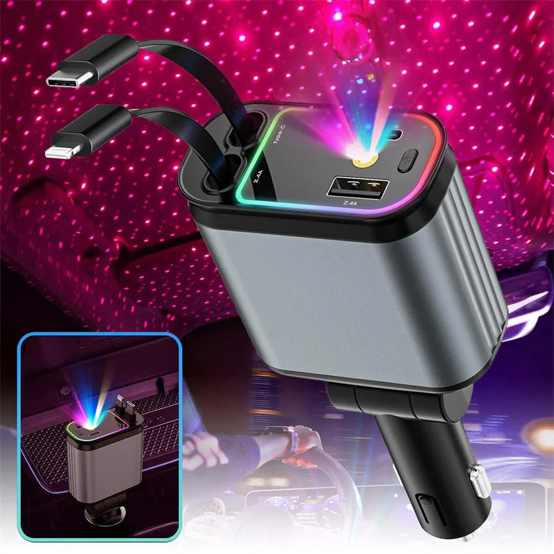 Super Fast Car Phone Charger, 120W Car Phone Charger With Retractable Cables USB And Type-C Port, 4 IN 1 Retractable Car Charger