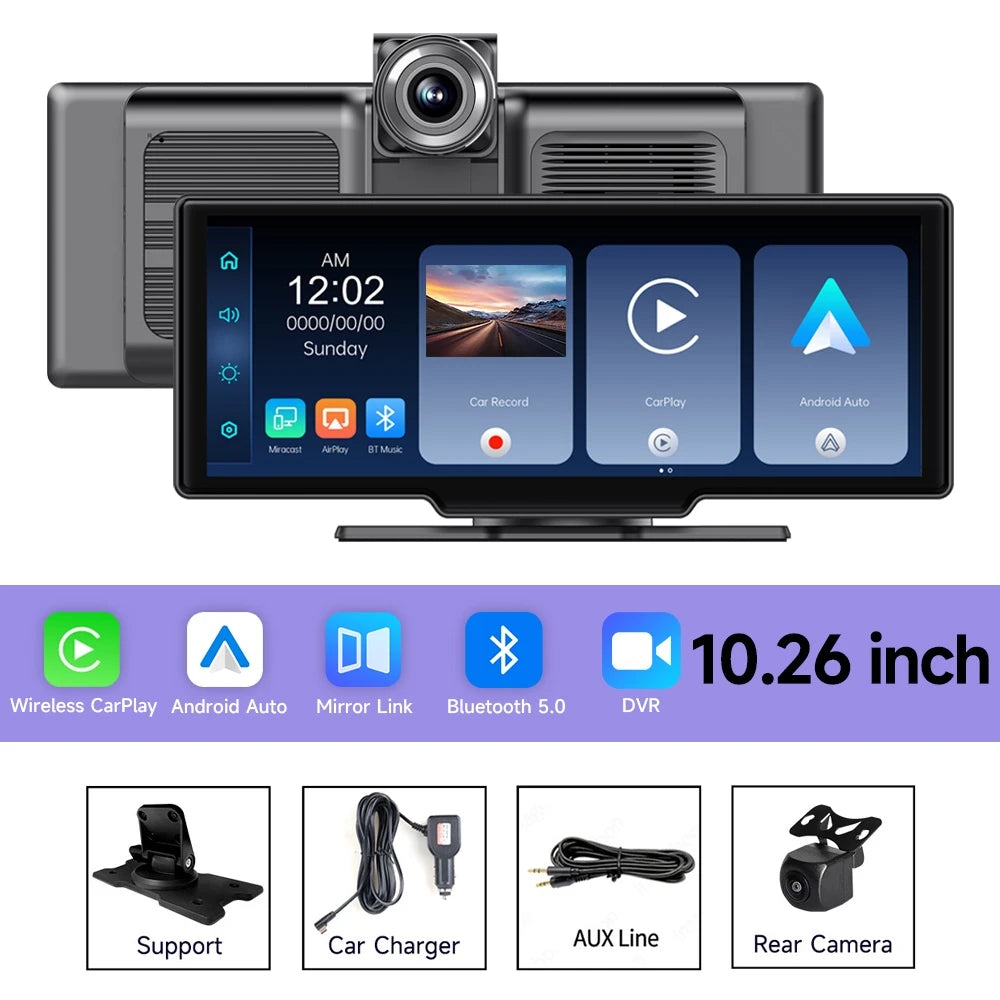 10.26 Inch 4K Car DVR Dash Cam Rearview Camera Carplay & Android Auto Navigation With Voice Control BT FM Monitor Car Screen