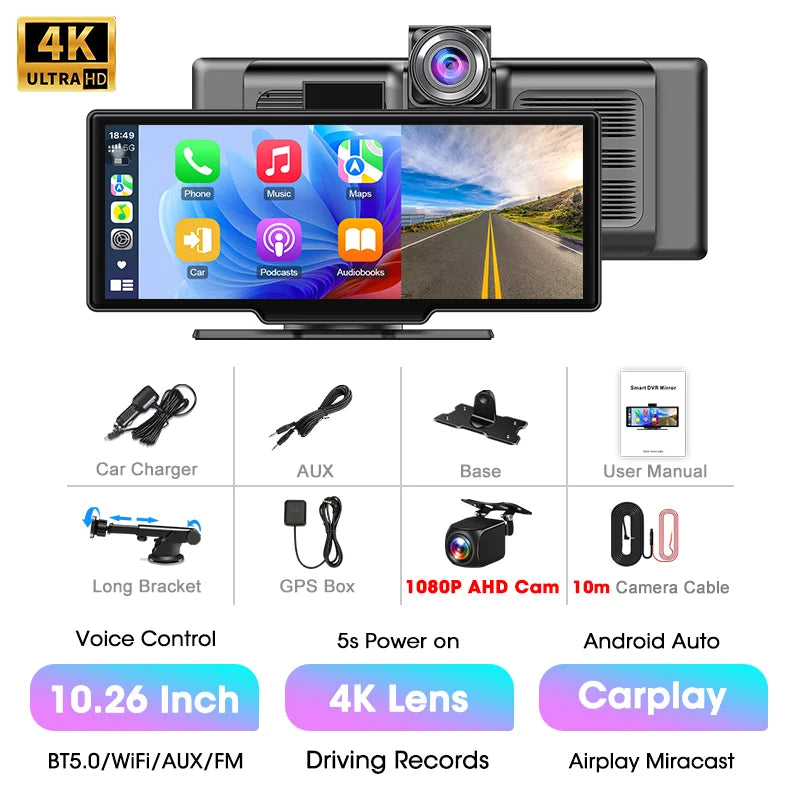 10.26'' 4K Dash Cam Car DVR Android Auto Carplay Display Screen Smart Car System Video Recorder Monitor With Rear Camera 5G WIFI