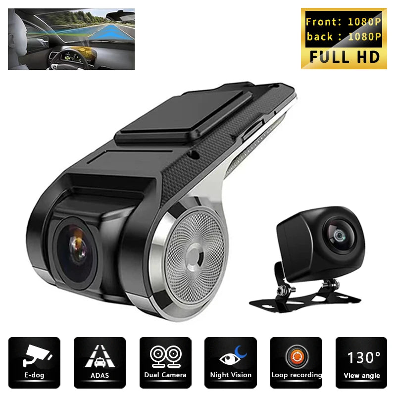 HD Dash Cam Car USB ADAS DVR Dual-lens Camera Video Special for Android Multimedia Player Front Recorder Reverse Vision