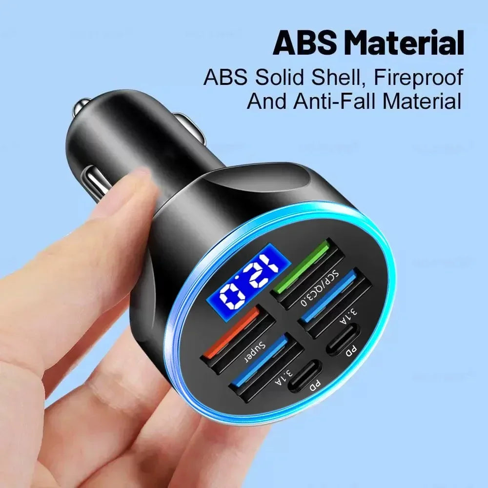 Car Mounted Charger with Led Digital Display 27W 6 in 1 Quick Adapter 4 Usb Port 2 Type-C Pd Car Charging Station Charger