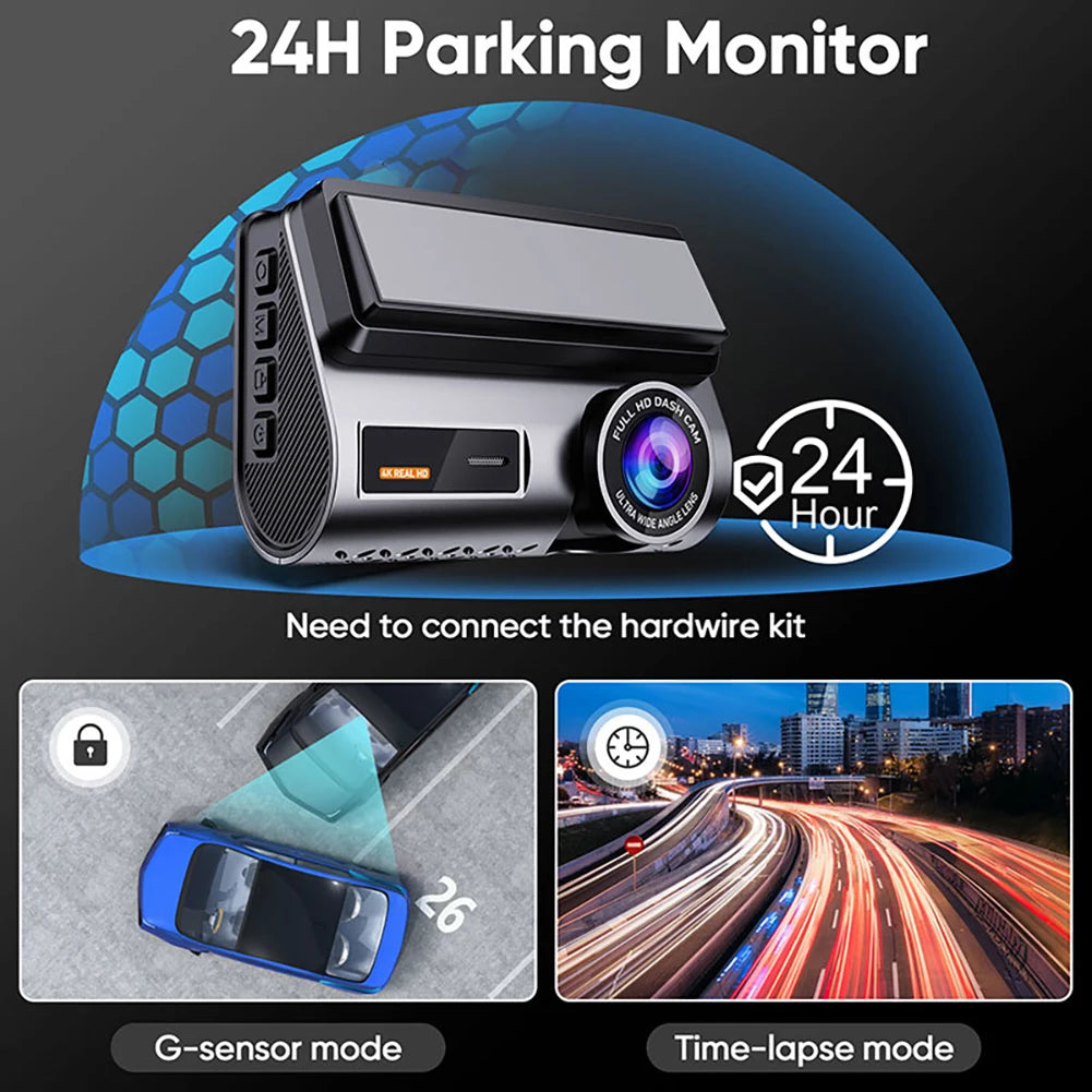 Dash Cam 4K Front and 2.5K Rear Dual Camera GPS WiFi with IMX415 Night Vision 3" Screen APP Control 24H Parking Monitor Tracking