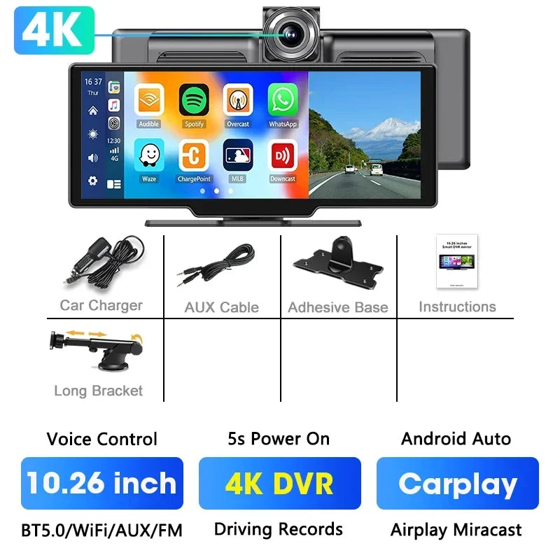 10.26'' Portable 4K Dash Cam Wireless CarPlay Android Auto Car Monitor Dashboard Car DVR Video Recorder GPS FM BT