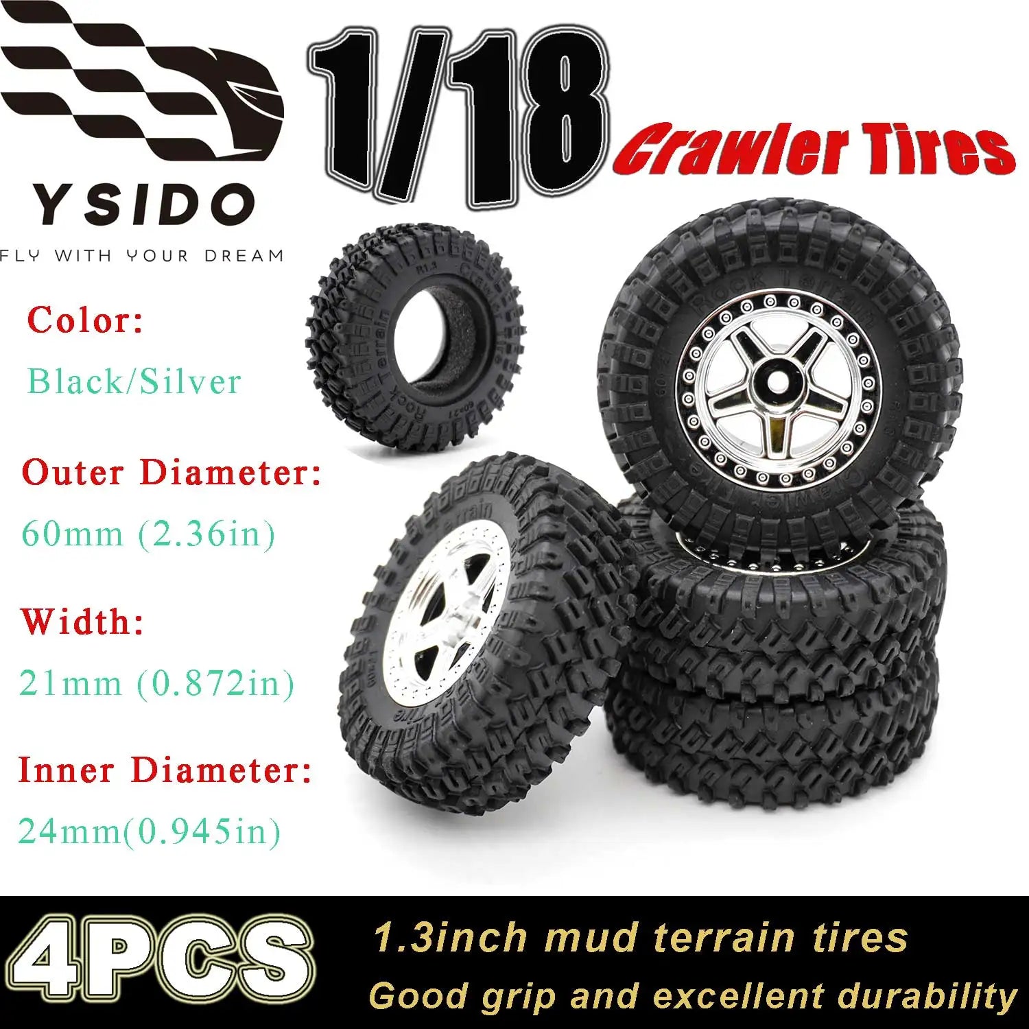 4PCS 60*21mm Rubber Front Rear Wheel Tyre 1.3" mud terrain tire for 1:18 TRX4M Traxxas RC Mini Crawler Model Upgrade Accessories