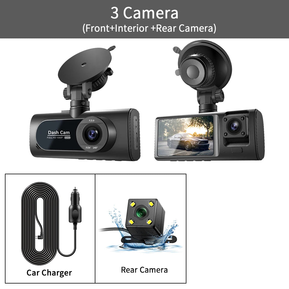 3 Channel Dash Cam for Cars Camera HD 1080P 3-Lens Vehicle Video Recorder Black Box Dual Lens Inside Car DVR Rear View Camera