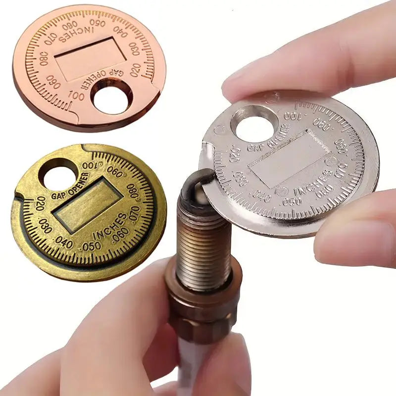 Coin Type Spark Plug Gauge Used As A Tool For Adjusting The Gap Between Automotive Spark Plugs