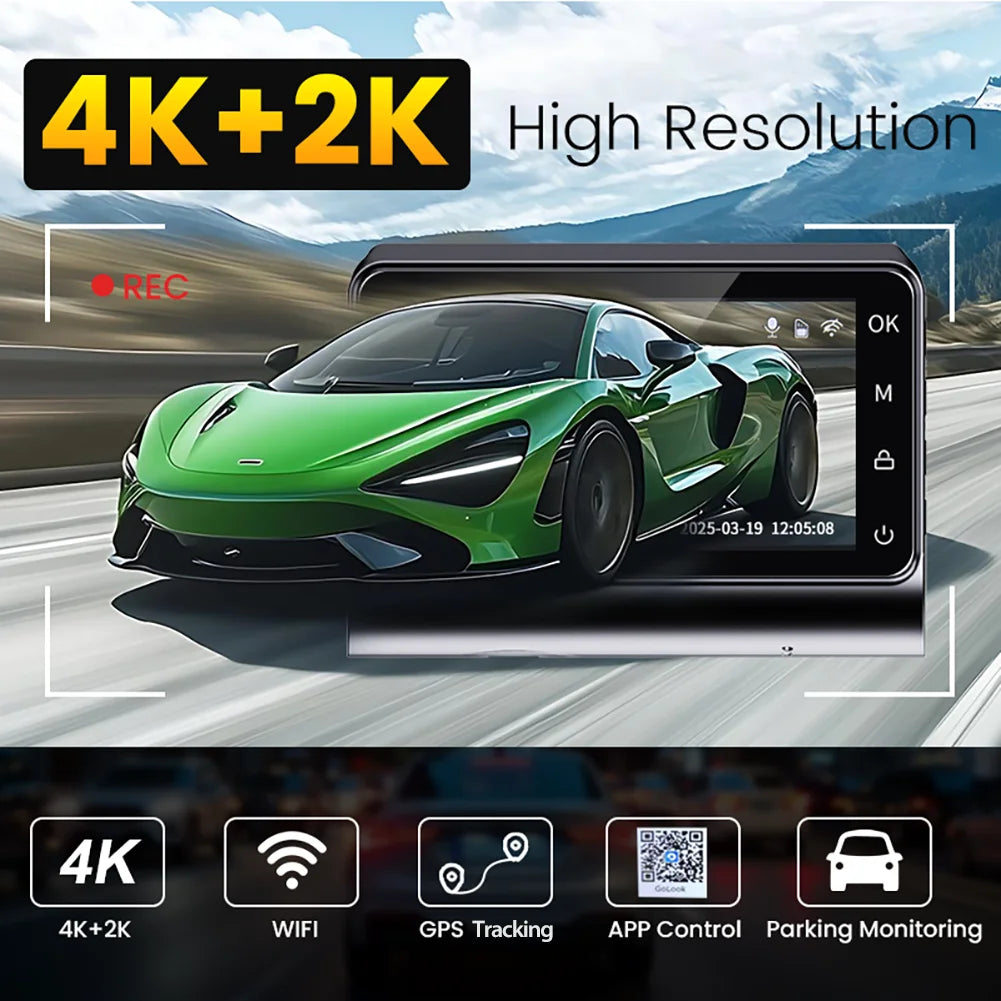Dash Cam 4K Front and 2.5K Rear Dual Camera GPS WiFi with IMX415 Night Vision 3" Screen APP Control 24H Parking Monitor Tracking