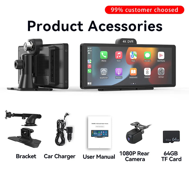 10.26 inch Dash Cam 4K Car DVR Wireless Carplay & Android Auto GPS Navigation Video Recorder Dashboard Dual Lens Wifi FM AUX