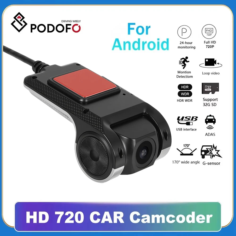 Podofo Dash Cam ADAS Car DVR  720P ADAS Dashcam DVRs Video HD USB TF Card Auto Recorder for Android Multimedia Player DVD