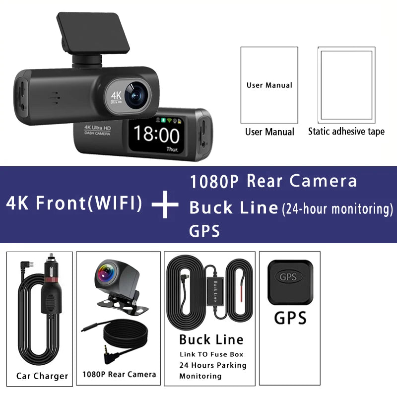 Dash Cam 4K 3840*2160P GPS WIFI Car DVR Front and Rear Dual Lens Auto Car Camera With Night Vision Dashcam 24H Parking Monitor