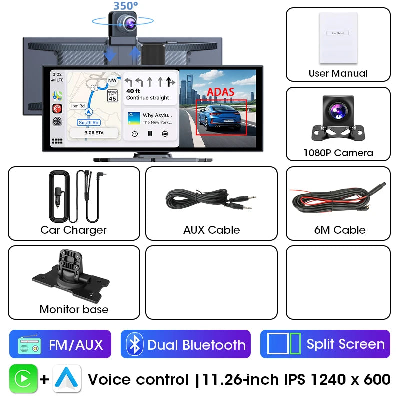 11.26 inch ADAS Car DVR 4K Camera Rotatable Front Camera Bluetooth Wireless Carplay Android Auto Dashcam Video Recorder FM AUX