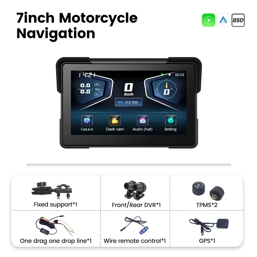 Portable 7inch Wireless CarPlay Motorcycle Navigation Screen Android Auto Display Moto Monitor Option DVR TPMS Wired Contorl GPS