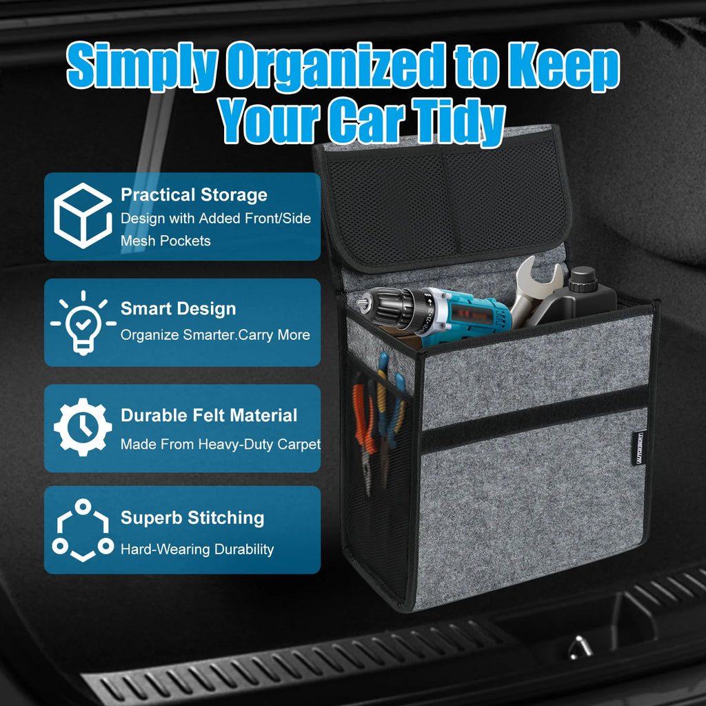 Car Trunk Organizer Felt Boot Organiser Storage Bag Box Portable Handbag Cargo Tool Holder Mesh Net Pocket Collapsible Universal