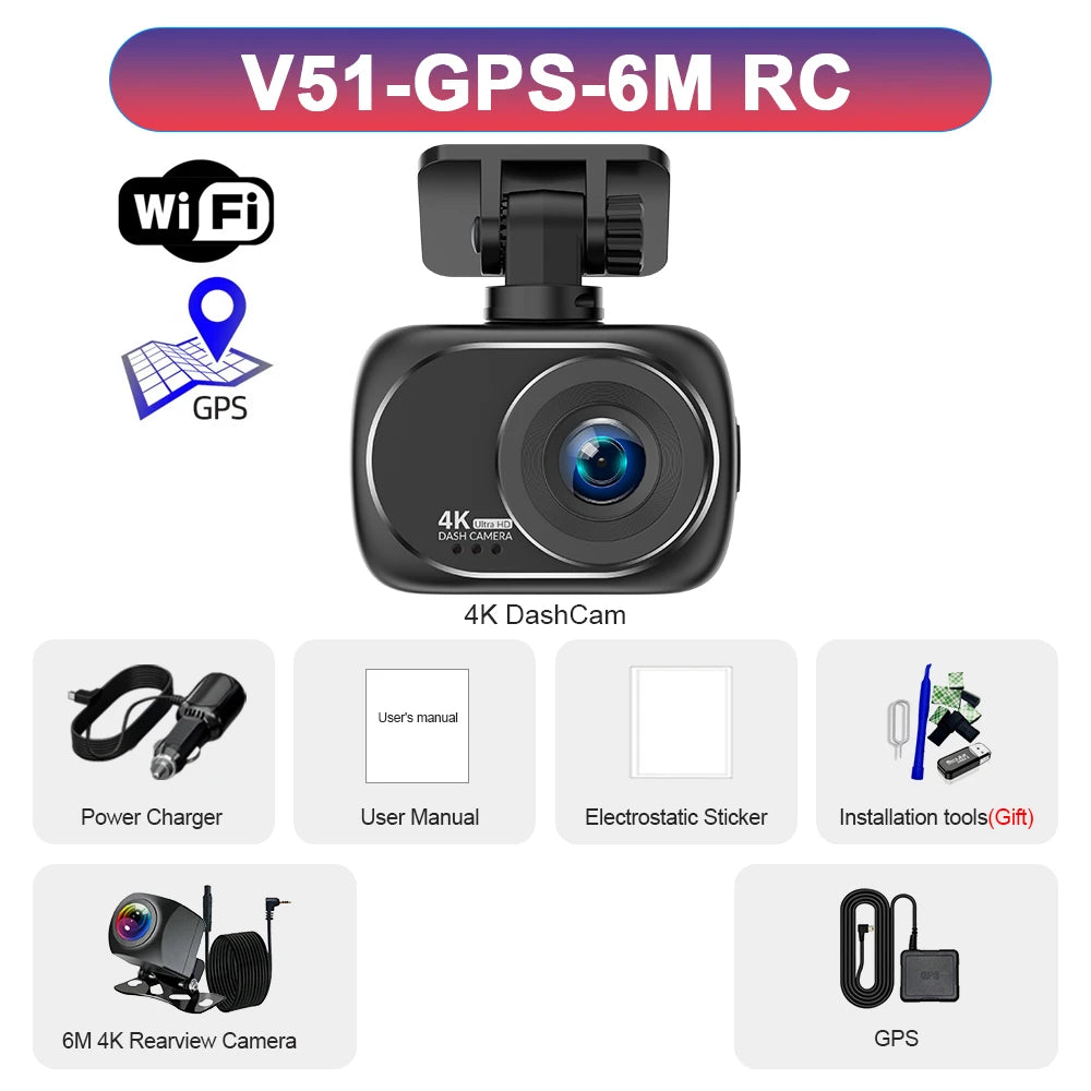 Dash Cam 4K UHD Recording Car Camera DVR Night Vision Video Recorder GPS Wi-Fi Support Dual Lens 4K Rear View Camera