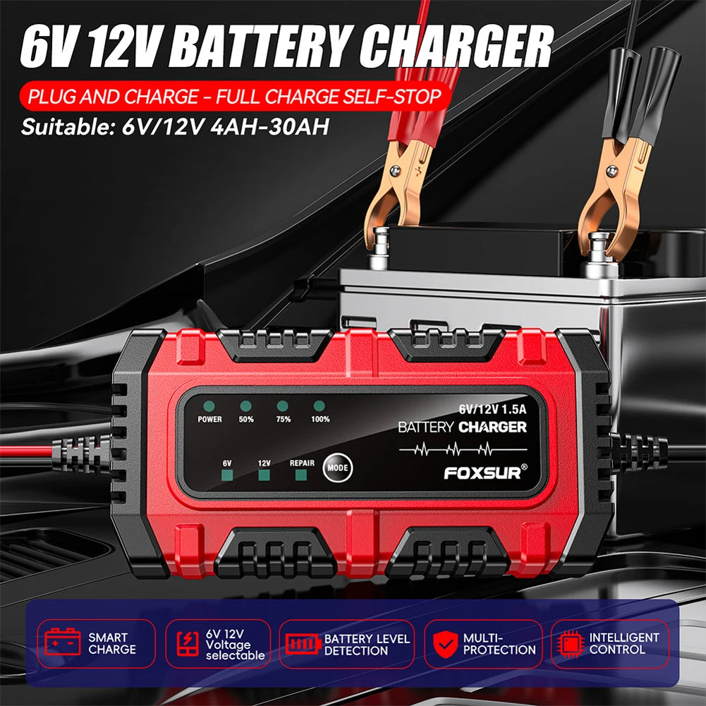 6V 12V 1.5A Car Battery Charger Smart Charger Car and Motorcycle Battery Charging Unit for Lead-Acid AGM GEL Batteries