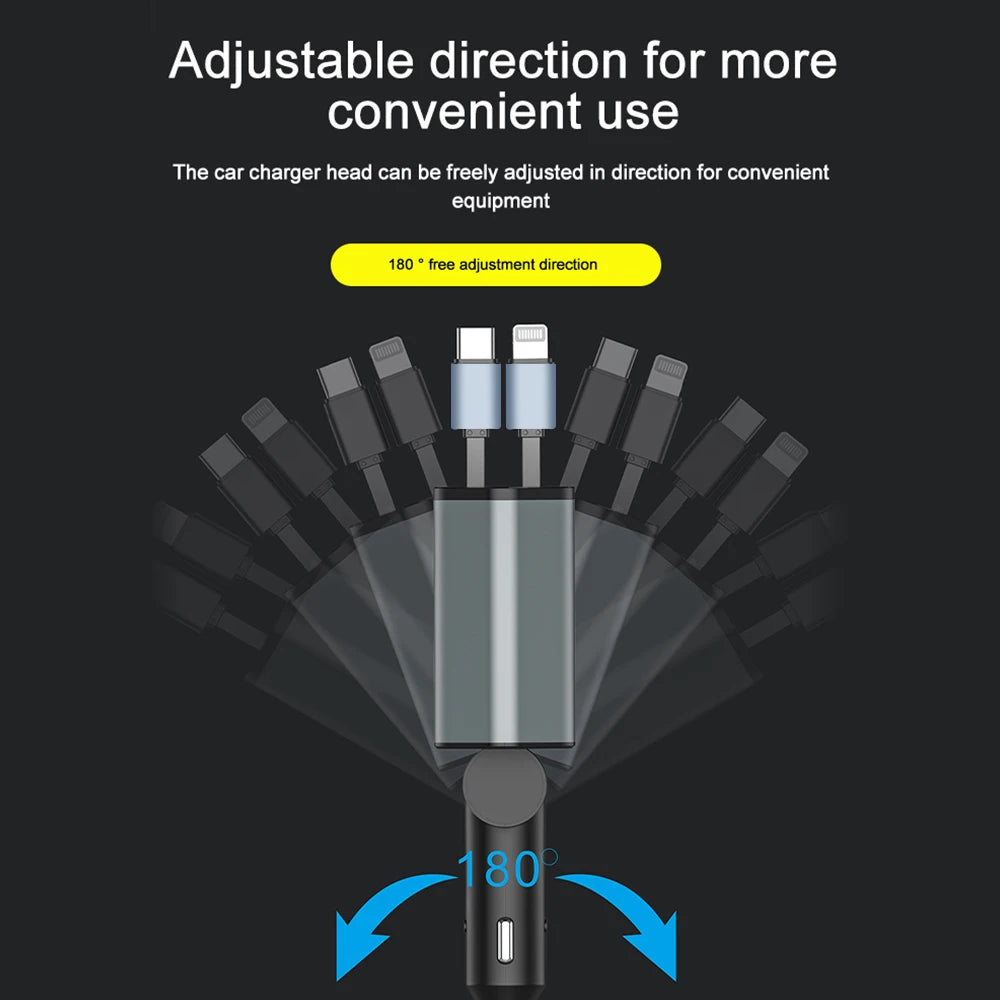 KEBIDUMEI D2 Car Charger Type-C Fast Charging Power Adapter Cable Digital Display Retractable 4in1 Phone Chargers Car Accesories
