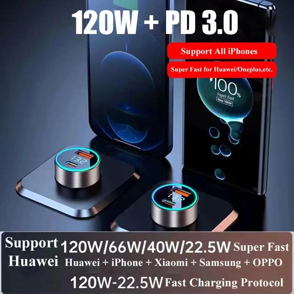 Quick Car Charger 12-24V Dual USB Type C 120W+PD20W Fast Charger For IPhone13 Pro Phone Car Fast Charging
