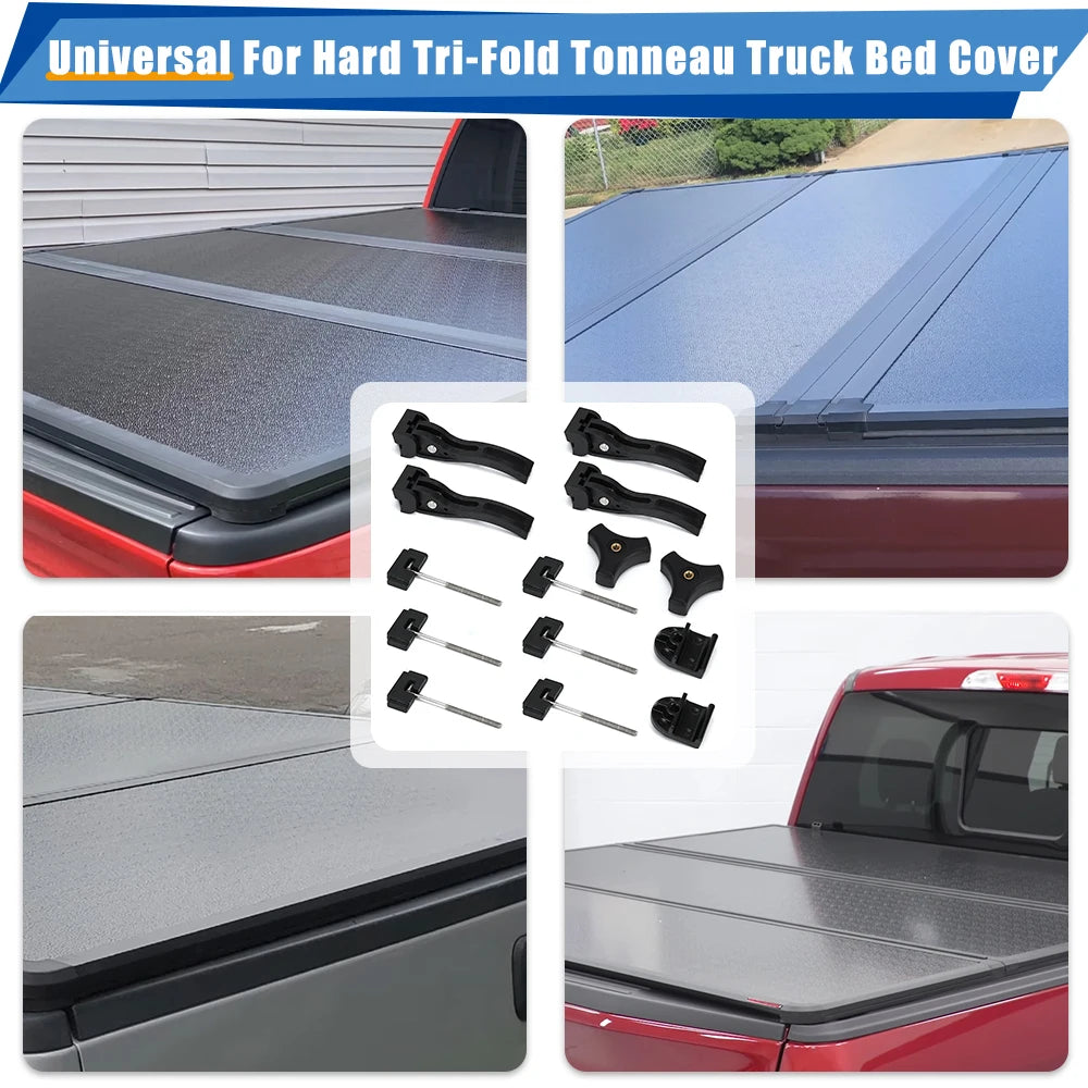 Accesorios universales, piezas de repuesto para caja de camioneta rígida plegable triple, abrazadera delantera y trasera, pernos en T negros.