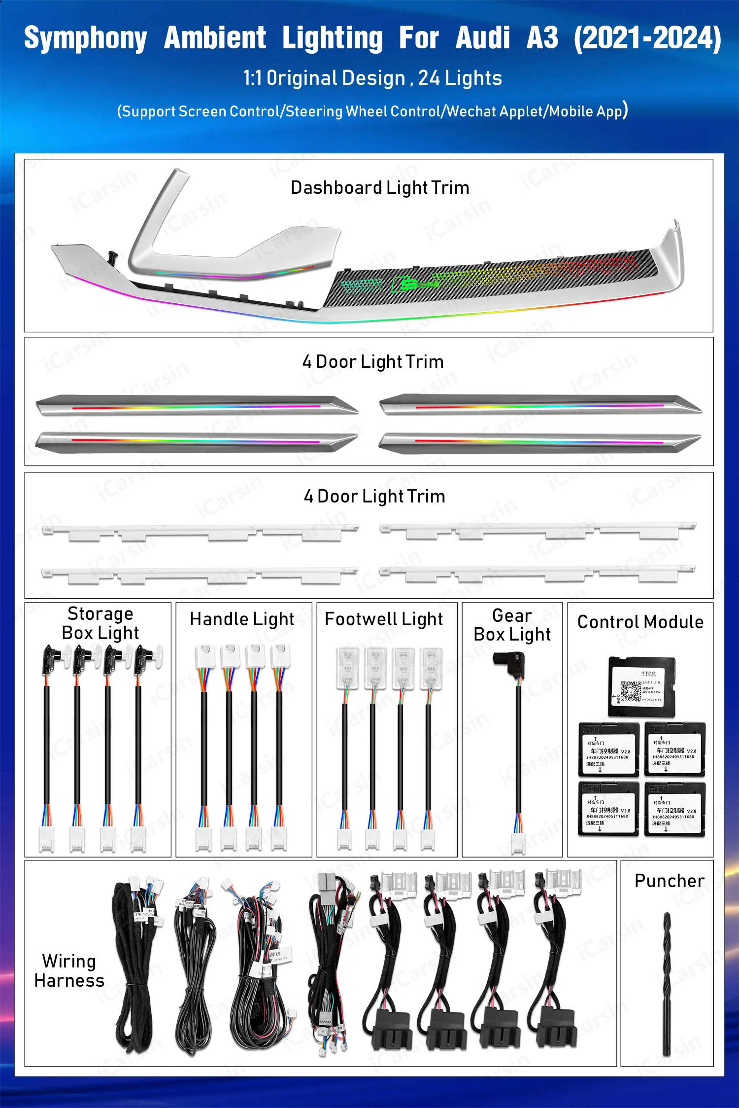 Upgrade Symphony Led Car Interior Ambient Light Decoration for Audi A3 2021-2024 Carbon Fiber Pattern Trim Accessories