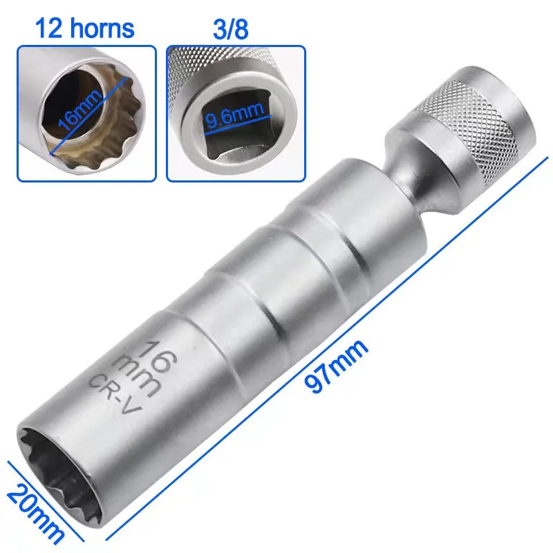 Llave de bujía universal de 3/8 de pulgada, llave de vaso magnética de 12 puntas, ángulo de pared delgada, herramientas de extracción de bujías de encendido para automóviles de 14 mm y 16 mm