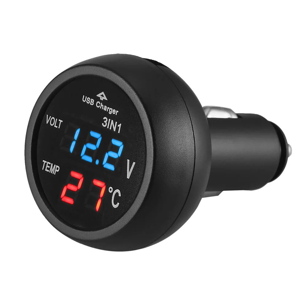 Car Charger 3 in 1 12/24V Charge with Voltmeter Switch Car Auto LED Digital Voltmeter Gauge Thermometer USB Charger